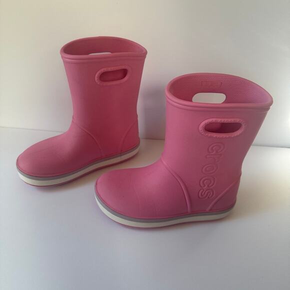 CROCS Pink Rain Boots Kids J 1 play condition dmg - Picture 3 of 12